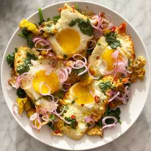 Turmeric fried eggs and tamarind dressing