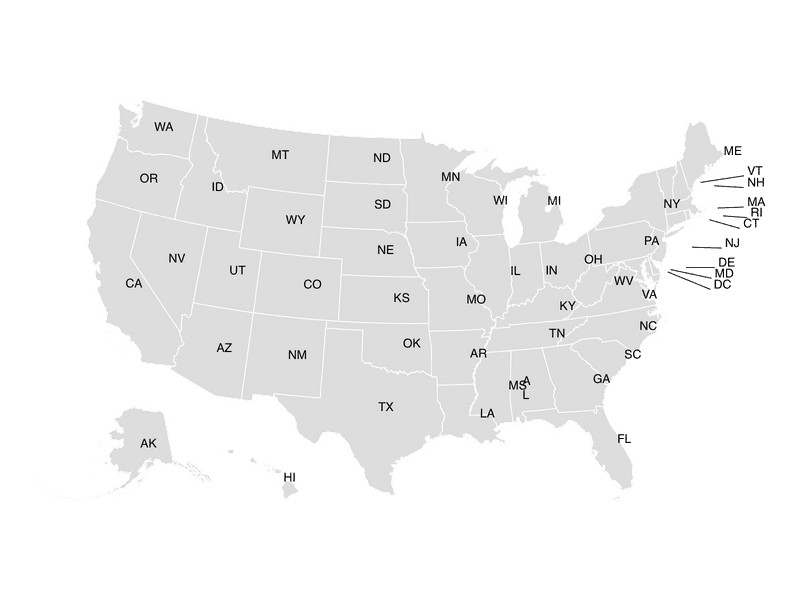 USA states map with labels