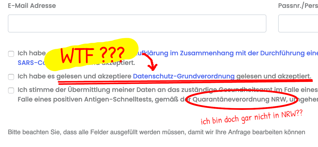 Abfrage ob man die DSGVO gelesen und akzeptiert hat (mit kaputter Grammatik) und der Quarantäneverordnung von NRW zustimmt