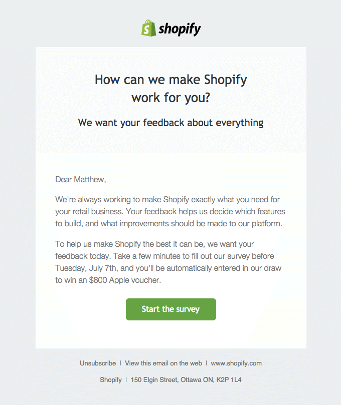 Feedback Email Examples: Screenshot of Shopify's email asking for customer feedback