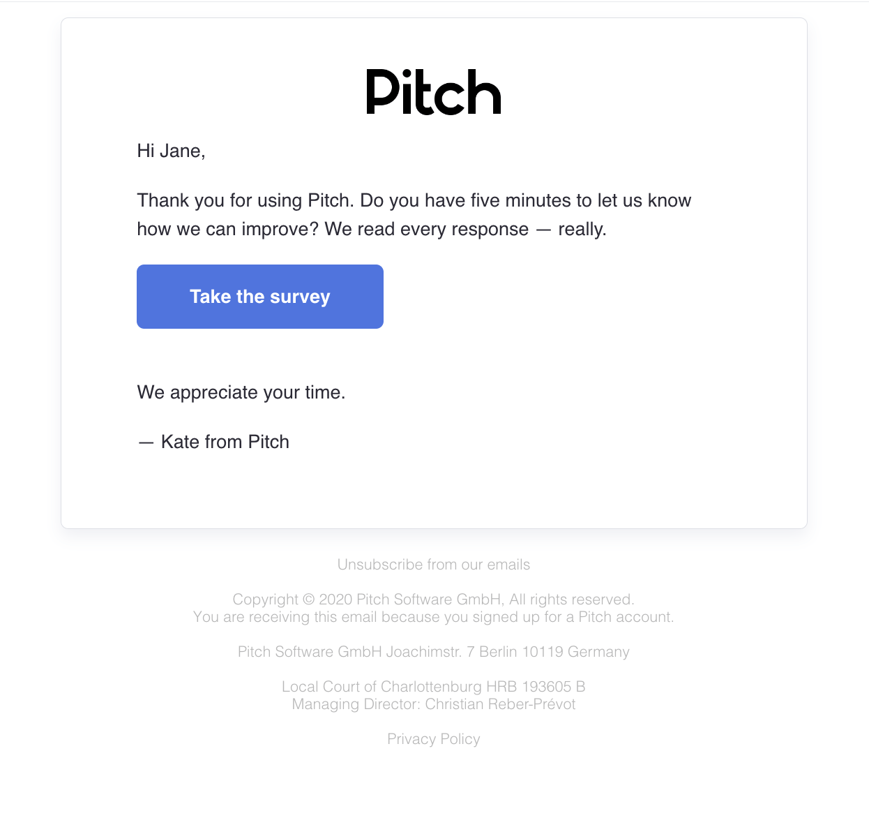 Survey Email Examples: Screenshot of Pitch's survey email