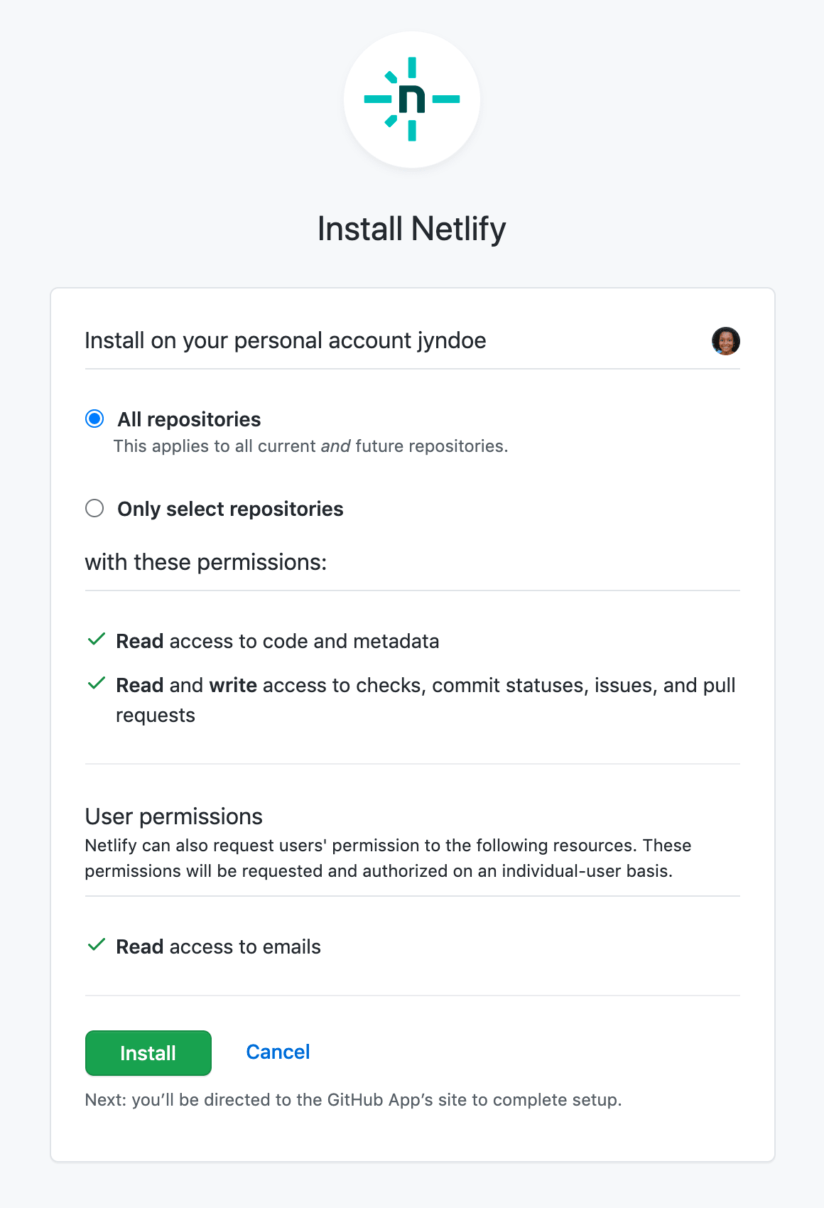 GitHub’s prompt to install the Netlify GitHub App, including permissions, and options to select repositories.