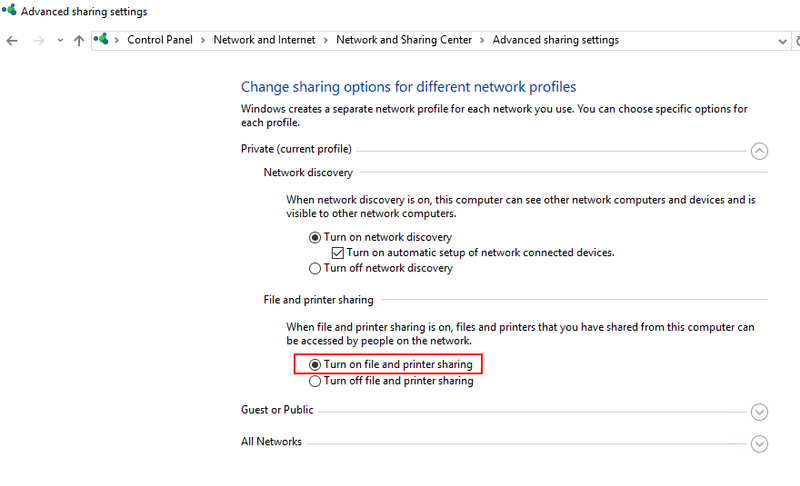 Enable file and printer sharing