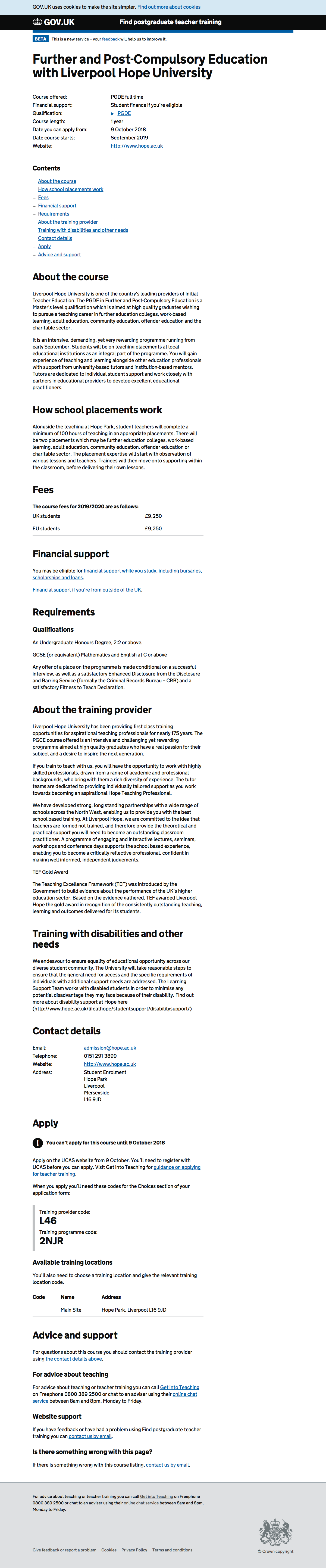 Screenshot of Full course page (PGDE)