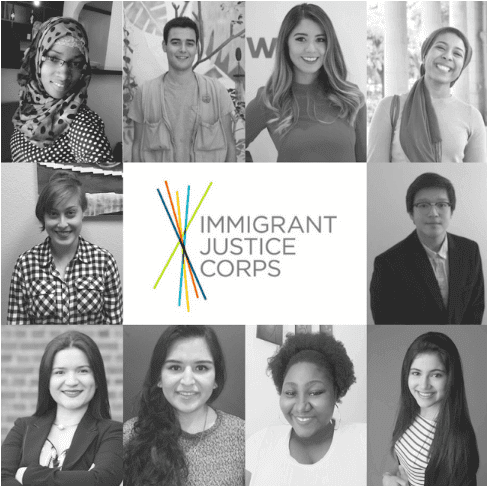 Immigrant Justice Corps logo and member photos