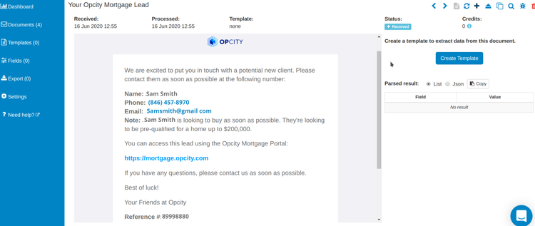 Email received in Parseur mailbox from Opcity