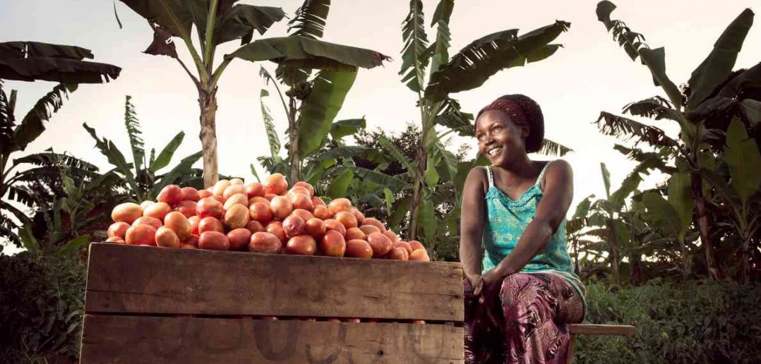 A woman seated smiling next to a barrel of fruit.