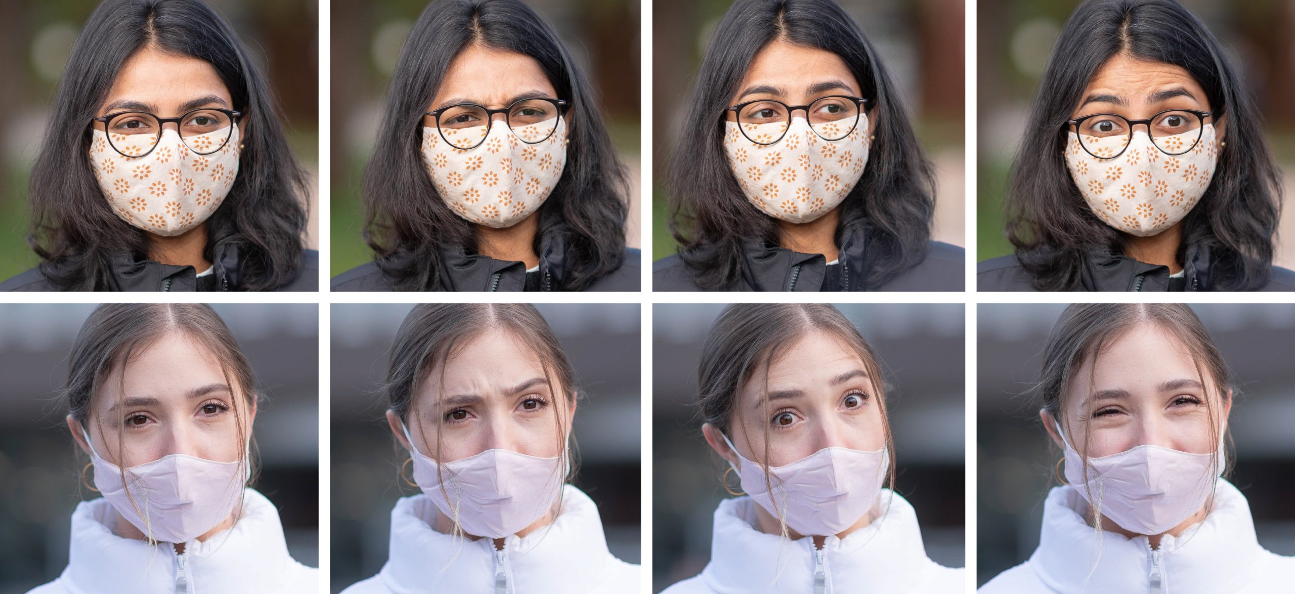 A series of images showing how eyes can help express what someone is saying when they are wearing a COVID-19 face mask