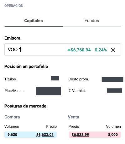 Captura de pantalla de sección de compra y venta en GBM+. Se muestran volúmenes altos en el ETF VOO.
