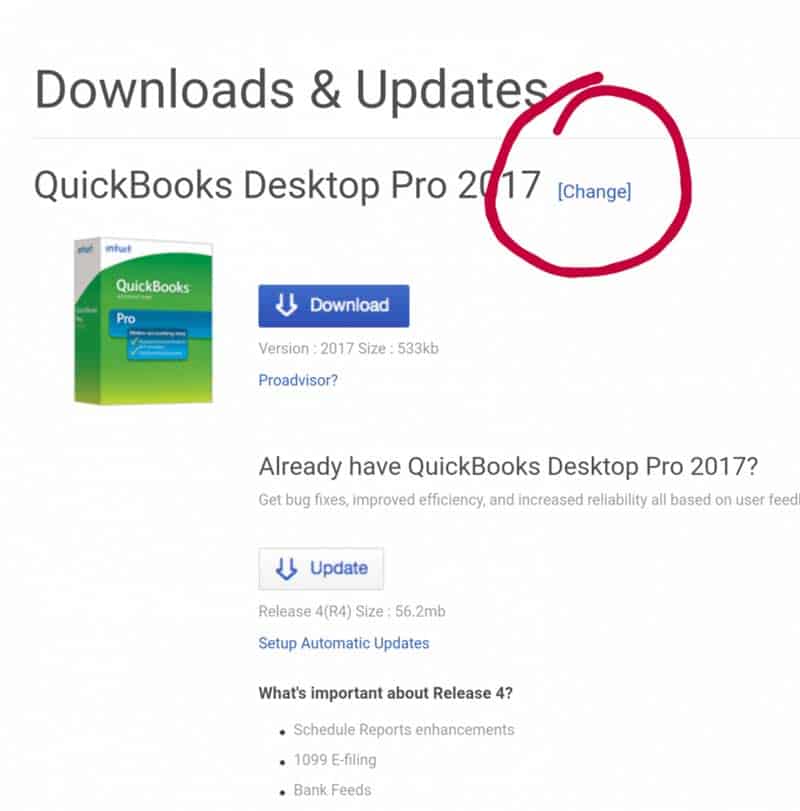update quickbooks database manager01 Screenshot showing to click the "change" button at the top right of the screen.