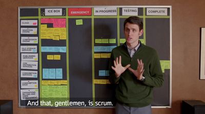 Zach Woods playing Jared, head of business development at Pied Piper, introduces the team to SCRUM and concludes, “And that, gentlement, is SCRUM.”