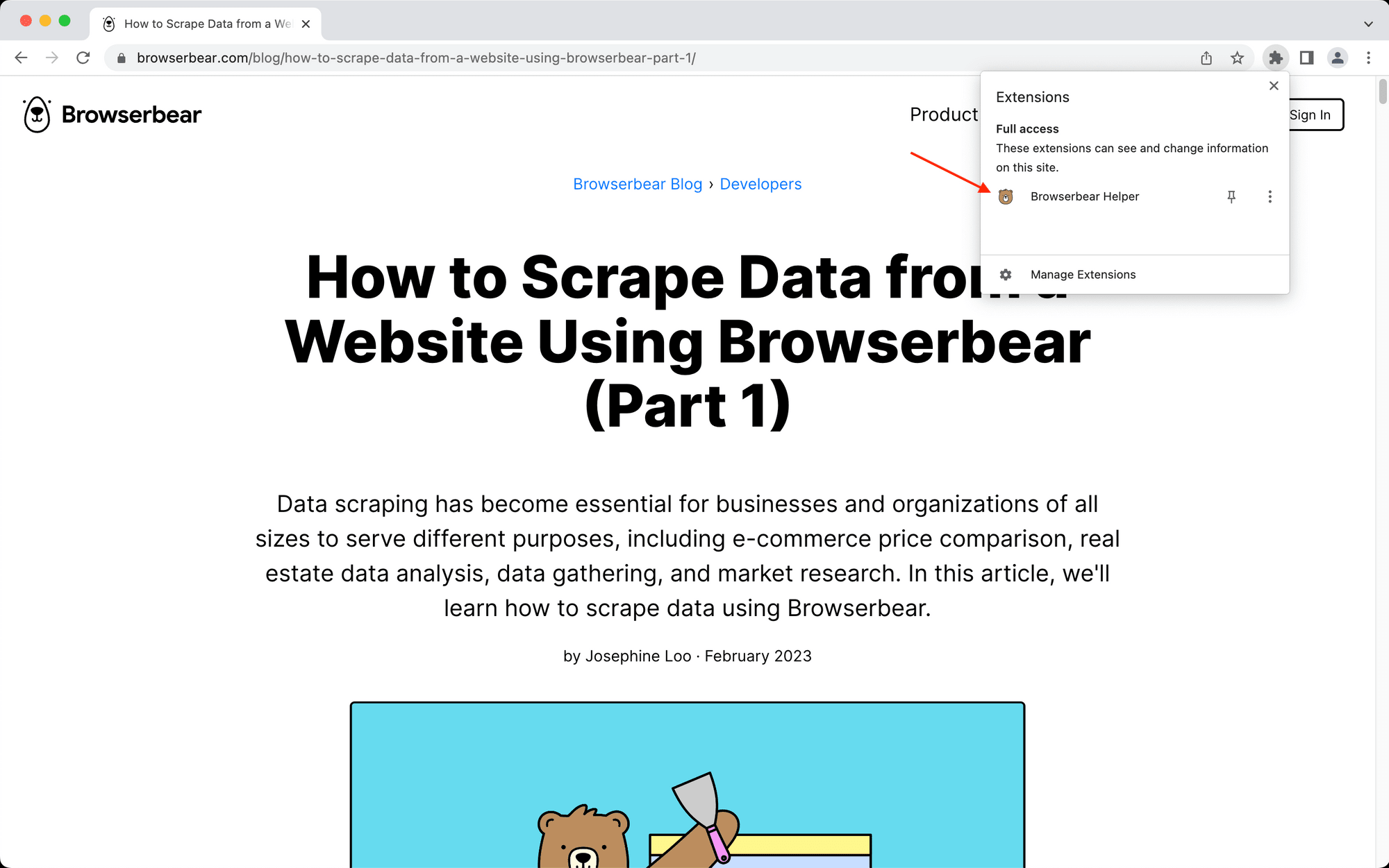Screenshot of Browserbear blog article with red arrow pointing to Helper