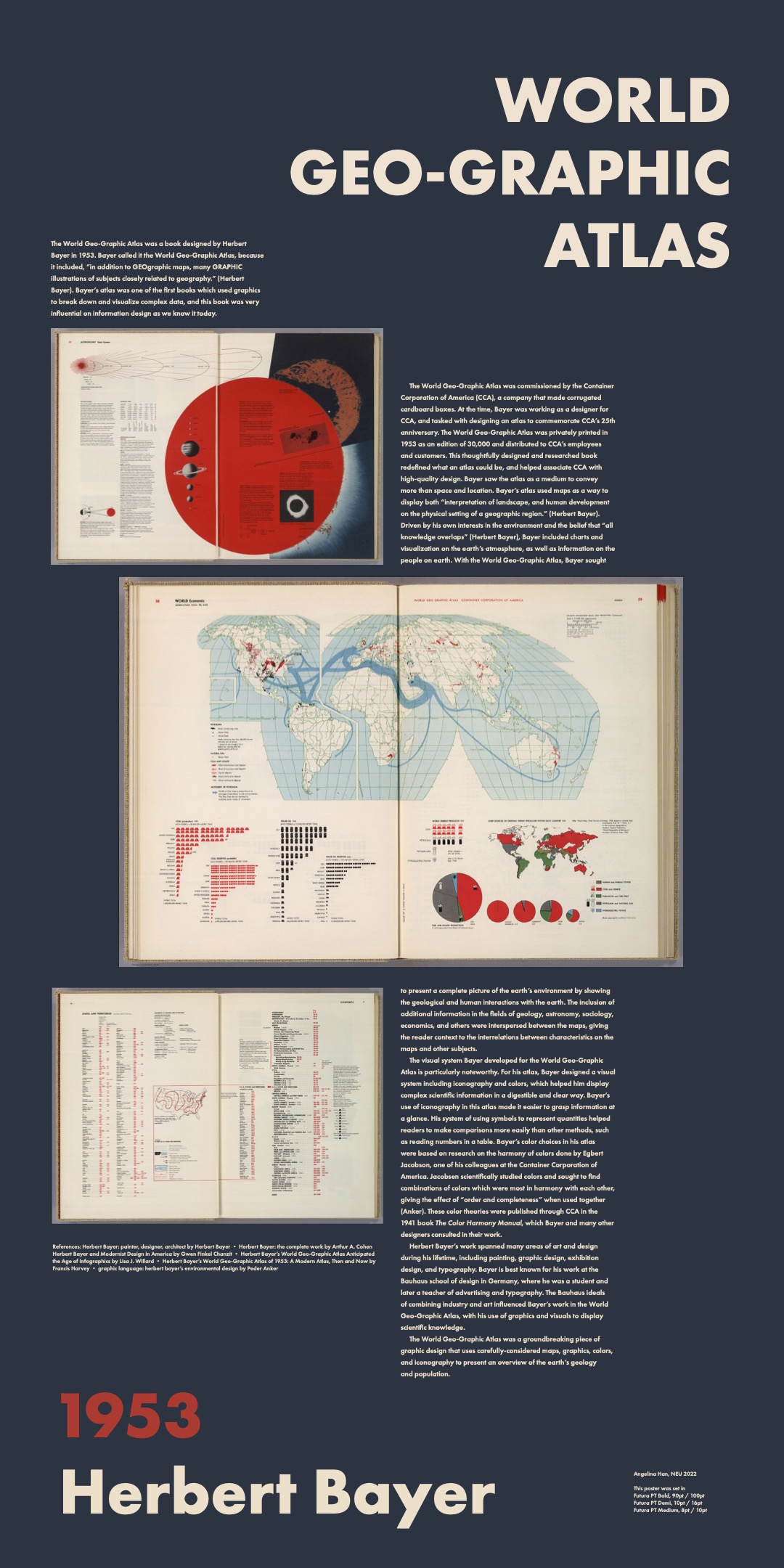 poster with the words 'World Geo-Graphic Atlas' written in the top right corner, and '1953 Herbert Bayer' in the bottom left corner. 
            The background is dark blue and three scans of a book showing maps and charts are laid out next to informational text about the book.