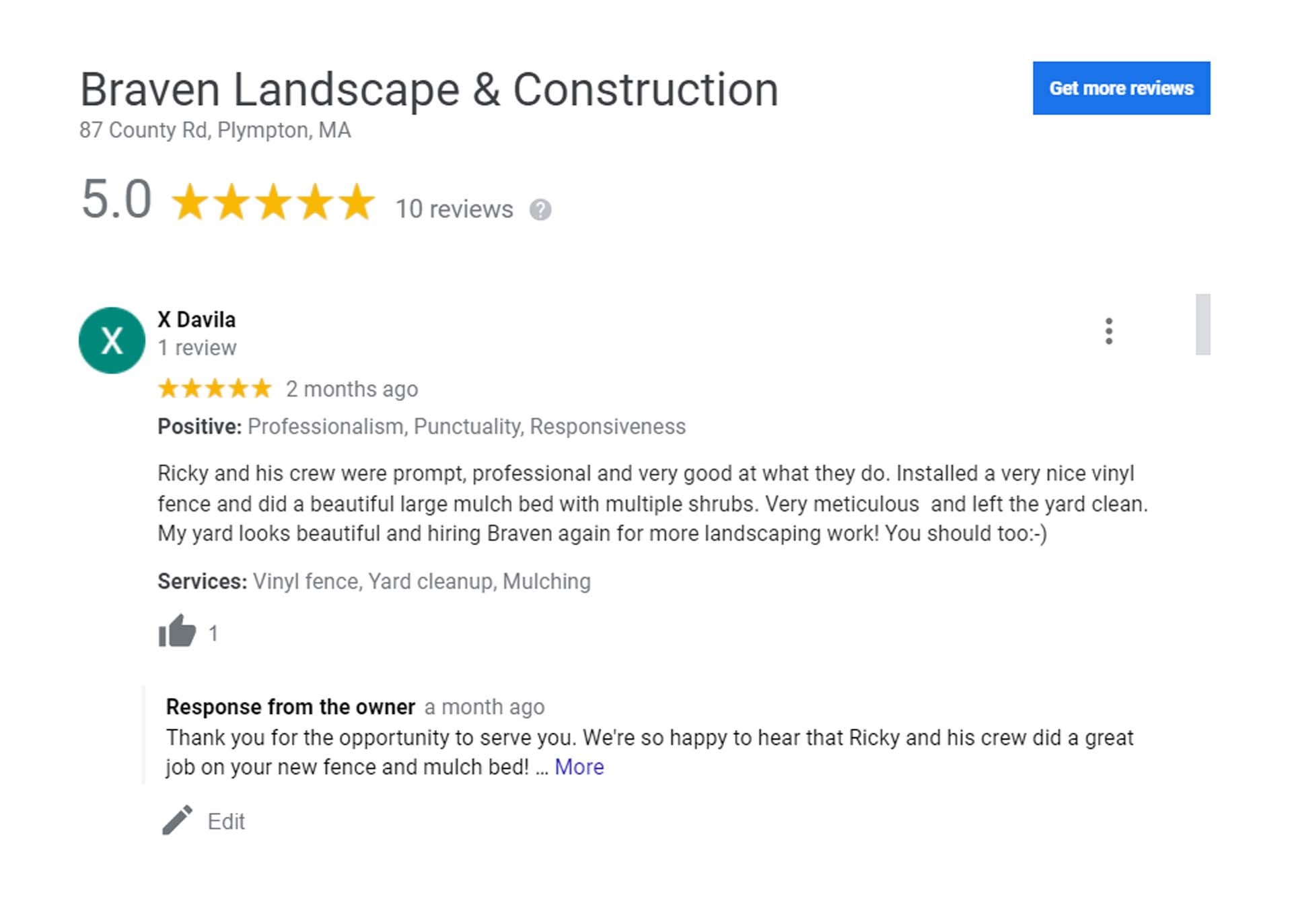 5-star landscaping review on Google for Braven Landscape & Construction