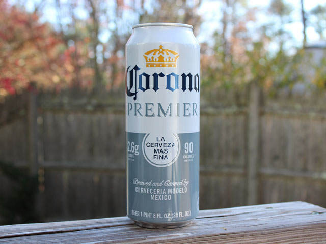 A 24oz Tallboy of Corona Premier, an imported Mexican beer