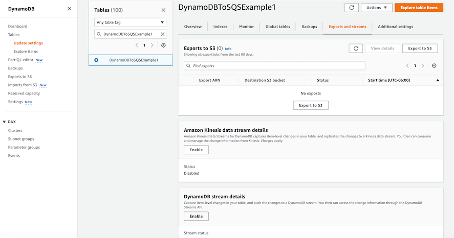 A screenshot of the AWS Console in the DynamoDB service showing the Exports and streams tab of an example table.