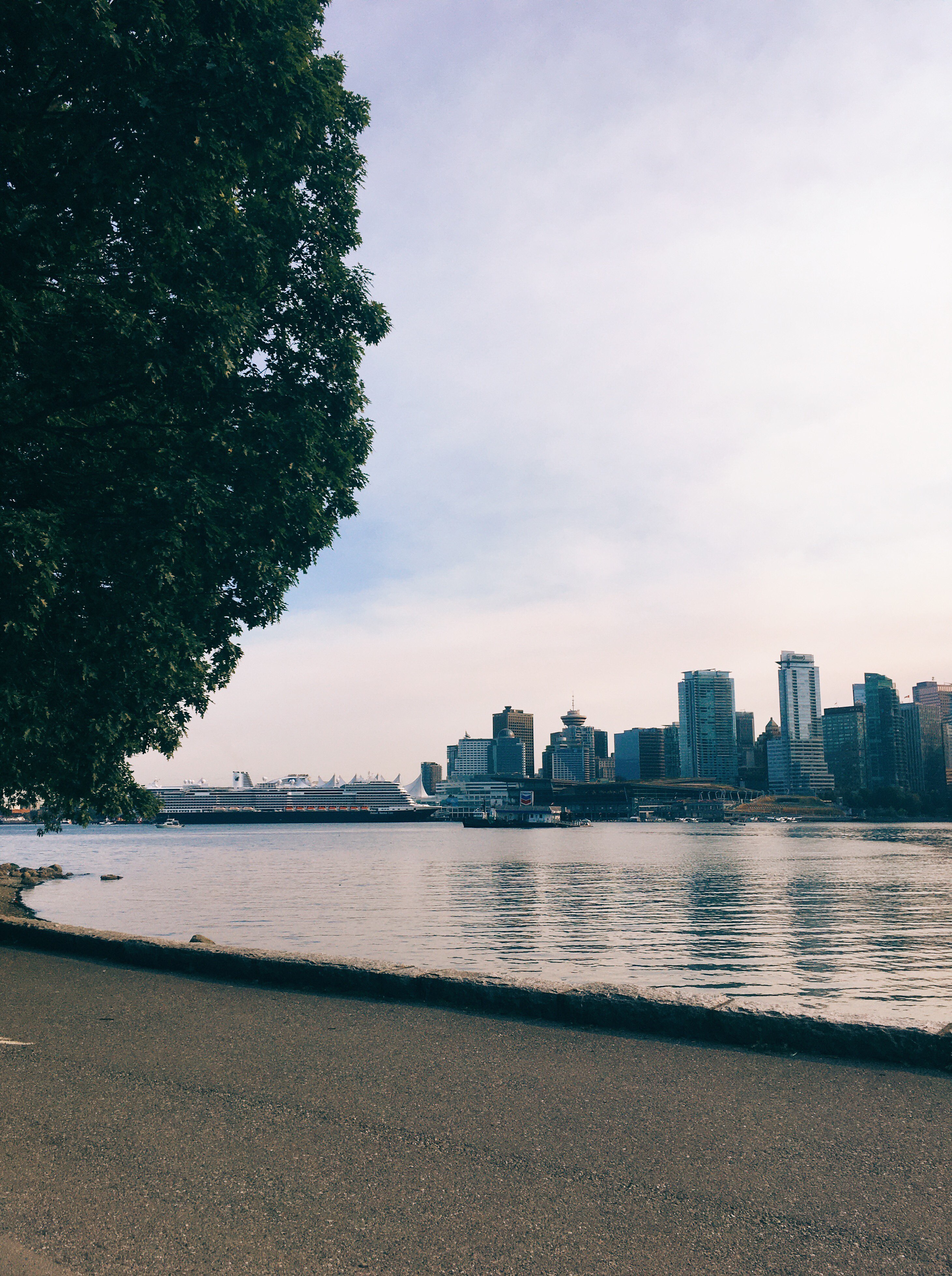 A waterfront bike path, looking out at the Vancouver cityscape across the water.