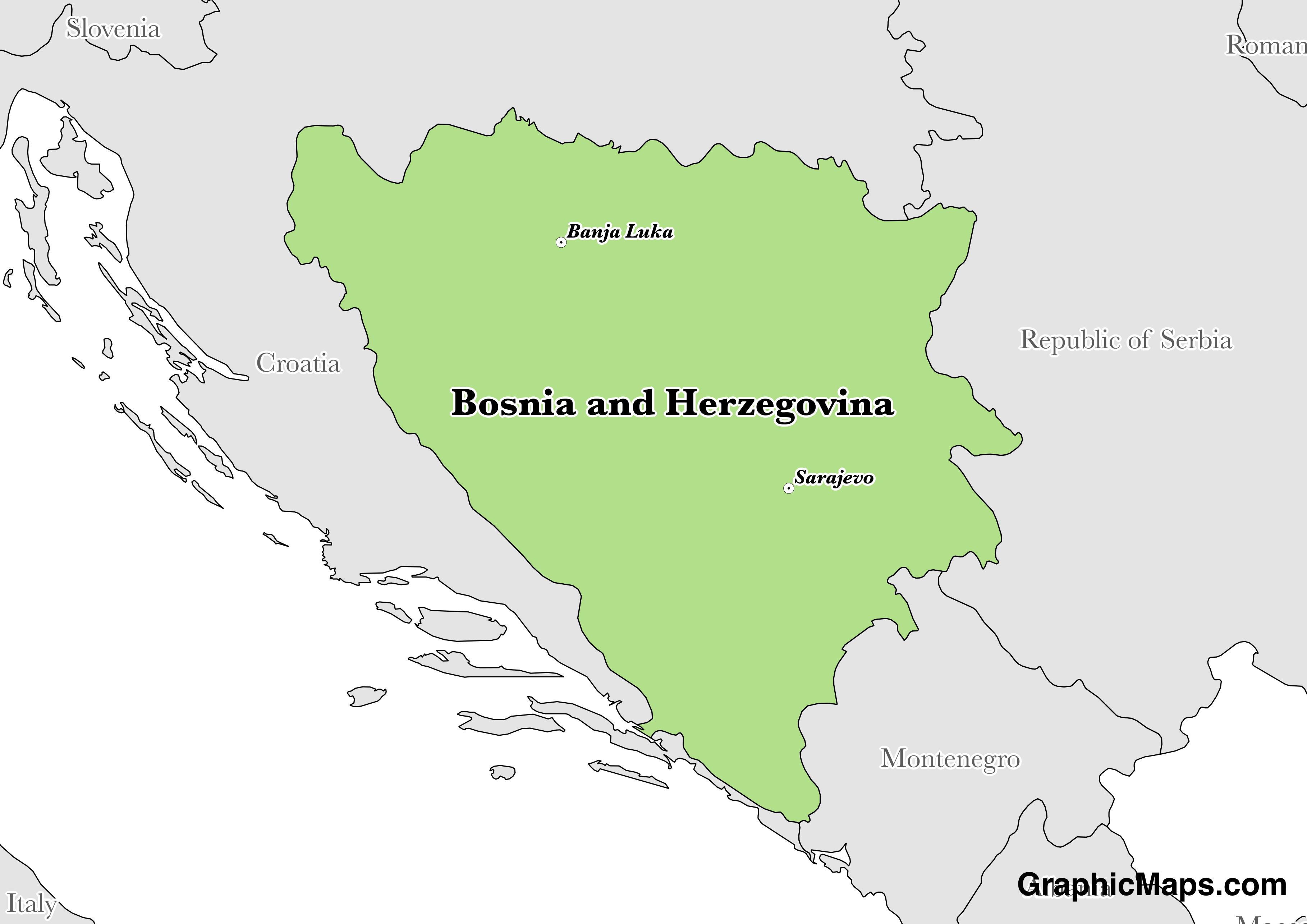 Map showing the location of Bosnia and Herzegovina