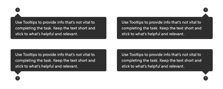 The Spark Tooltip component depicted in four different orientations.