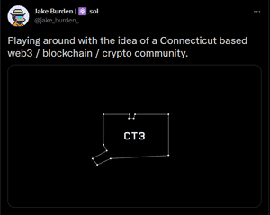 A tweet from Jake Burden about the idea of a Connecticut based web3 community.