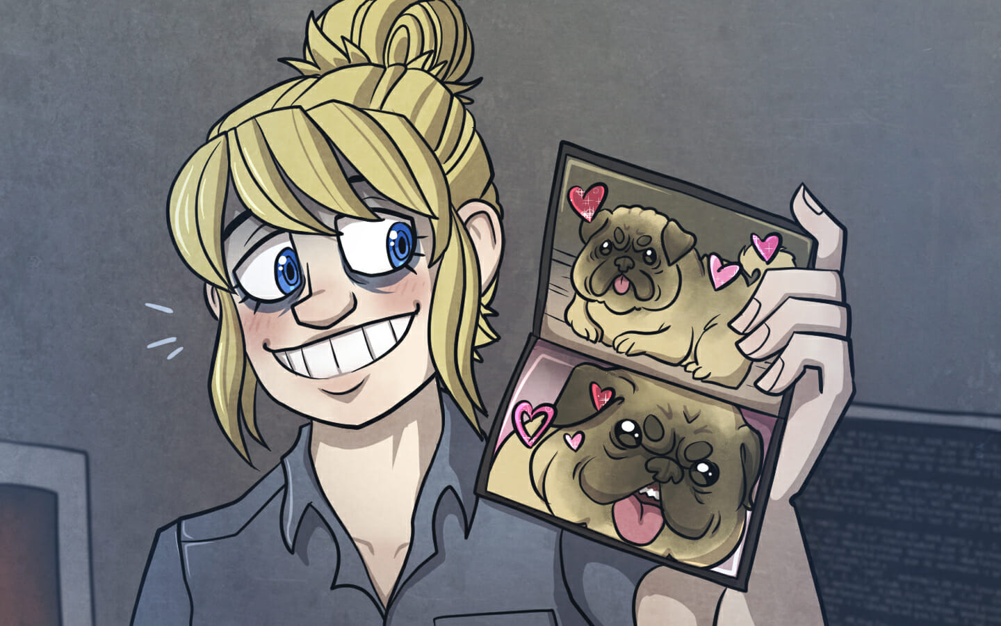 Tiffani shows Tim a picture of Haskell from her wallet. Haskell is an obese but oddly cute pug.