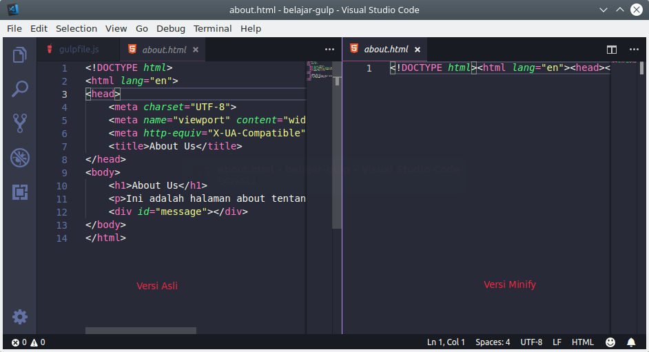 Minify html css dan js dengan gulp