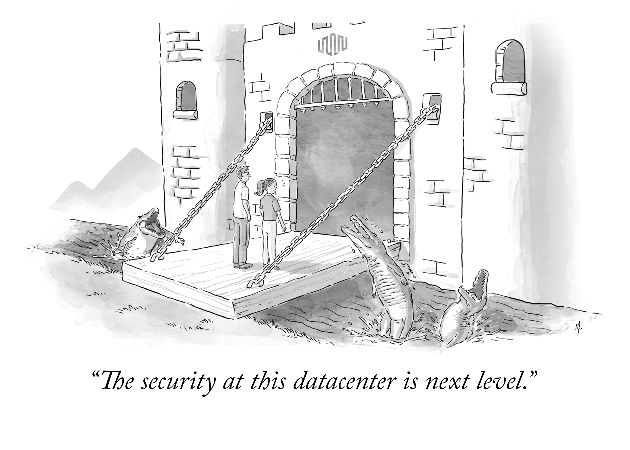 New Yorker style illustration. Two people are entering a castle via drawbridge. There is a crocodile rising from the moat. The caption reads: The security at this data center is next level.