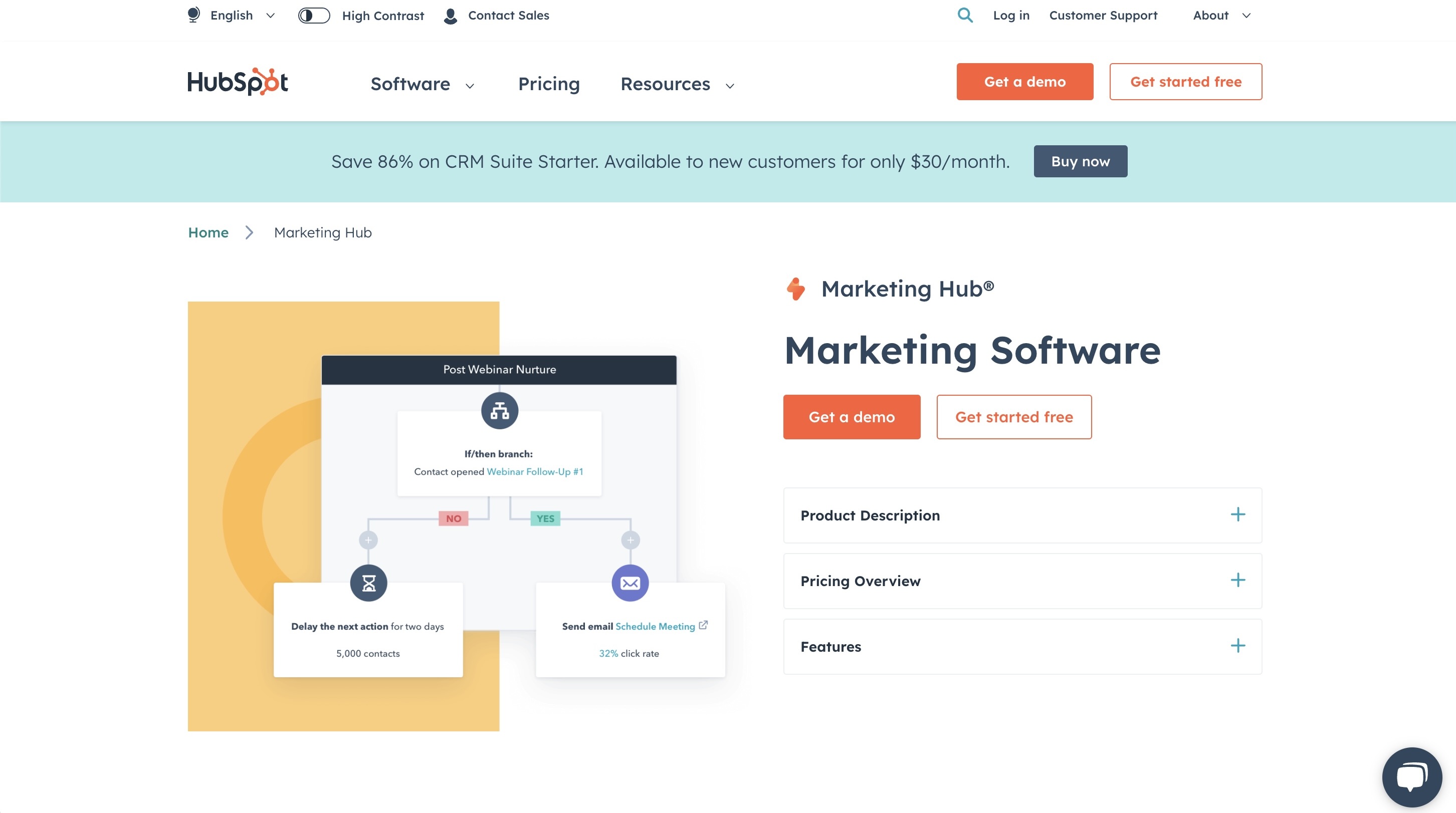 Customer.io Alternatives: Screenshot of HubSpot's marketing hub page