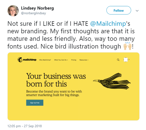 Tweet über das neue Branding von MailChimp