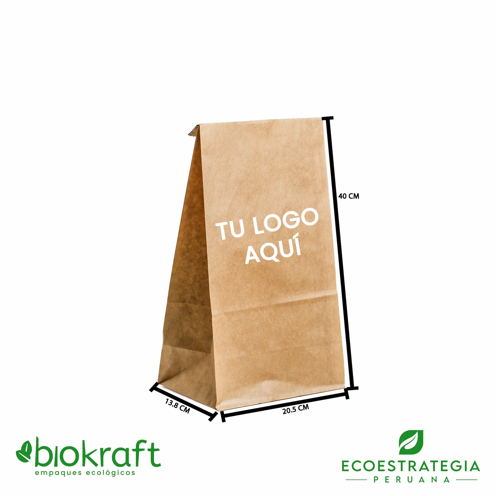 Esta bolsa biodegradable tiene un grosor de 60 gr y un peso de 23gr. Bolsa ecológica a base de papel Kraft. Cotiza ahora tus bolsas de papel personalizadas #25