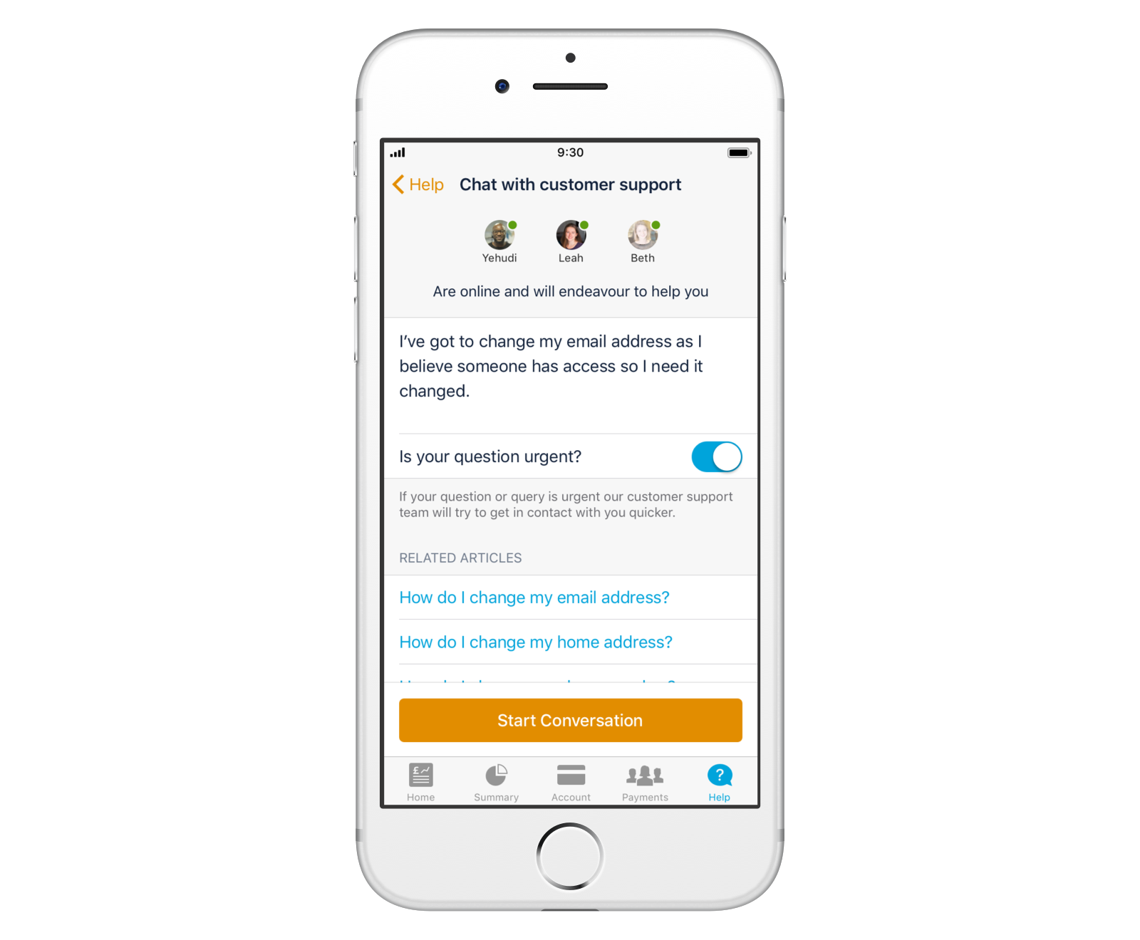 Screenshot of in-app chat