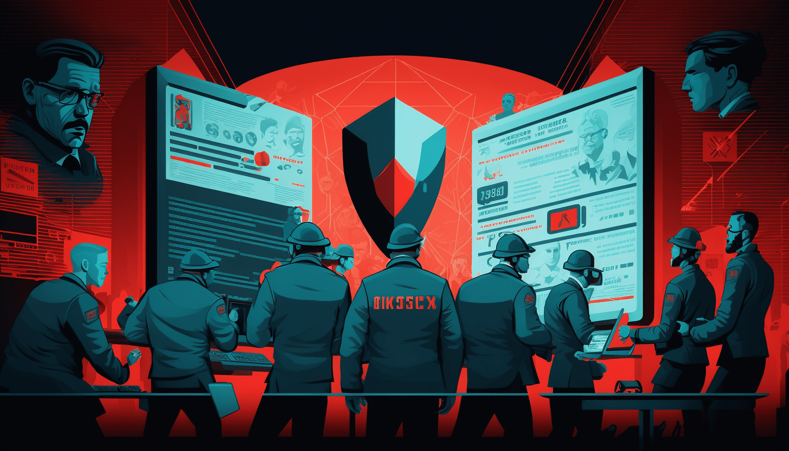 An illustrated image of a team of cybersecurity professionals working together to respond to a security incident, with a red alert icon in the background indicating the urgency of the situation. 