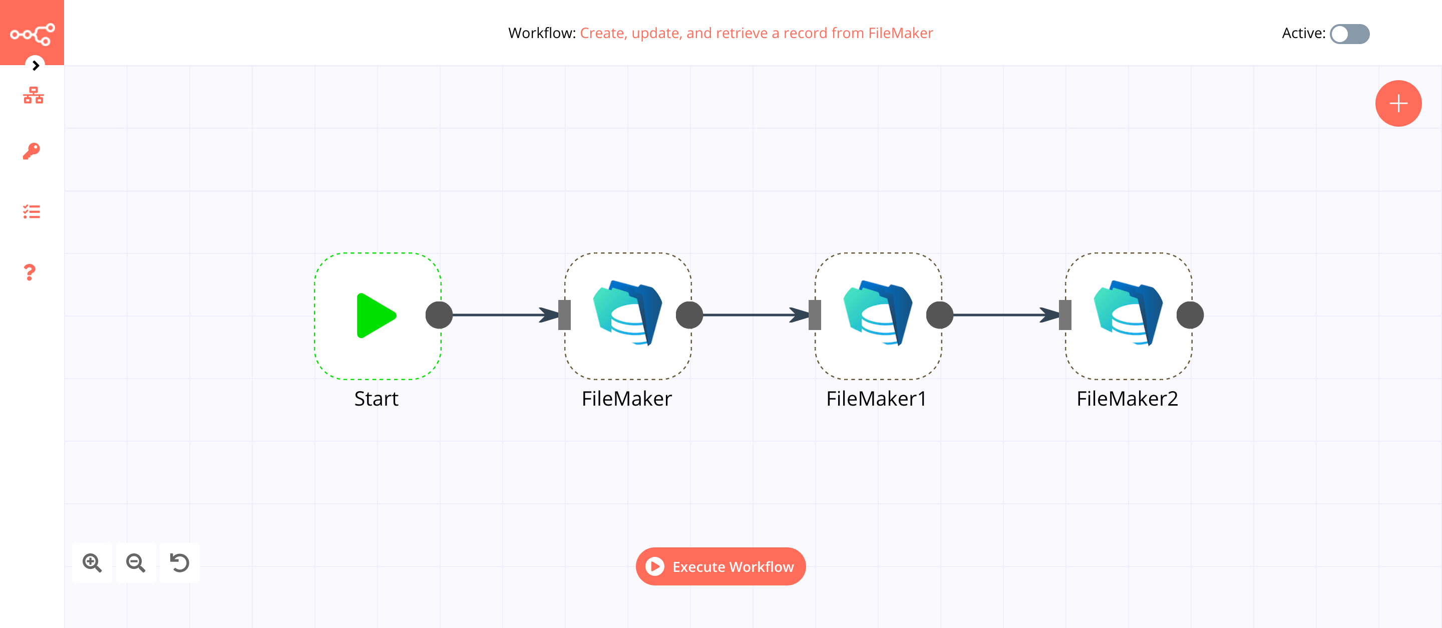 A workflow with the FileMaker node