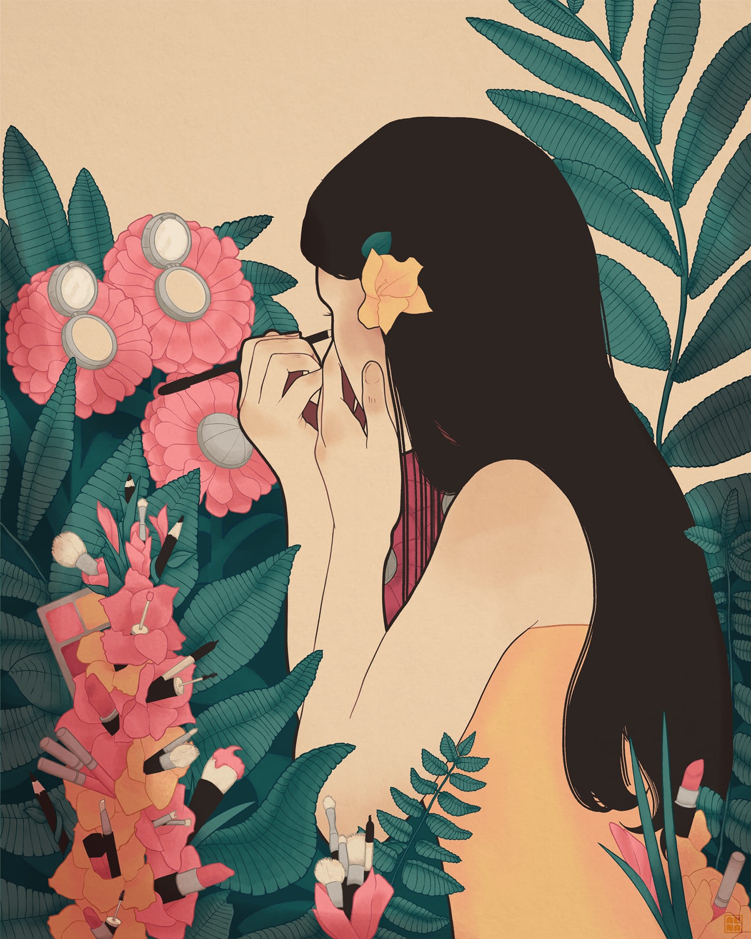 A social media illustration for a fictional cosmetic line of Sephora that depicts a woman, turned away from the viewer doing her makeup, using the cosmetics that are growing out of the flowers and plays around her. Depicted in an art nouveau style.