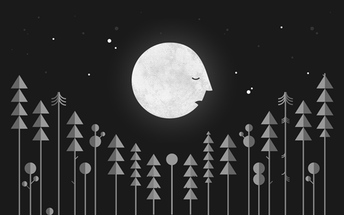 Illustration of a large anthropomorphized moon over pine trees