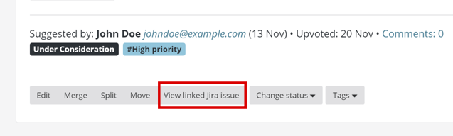 Screenshot of Feature Upvote's 'View linked Jira Issue'