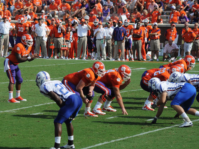 Clemson QB is calling out the snap count at the line of scrimmage.