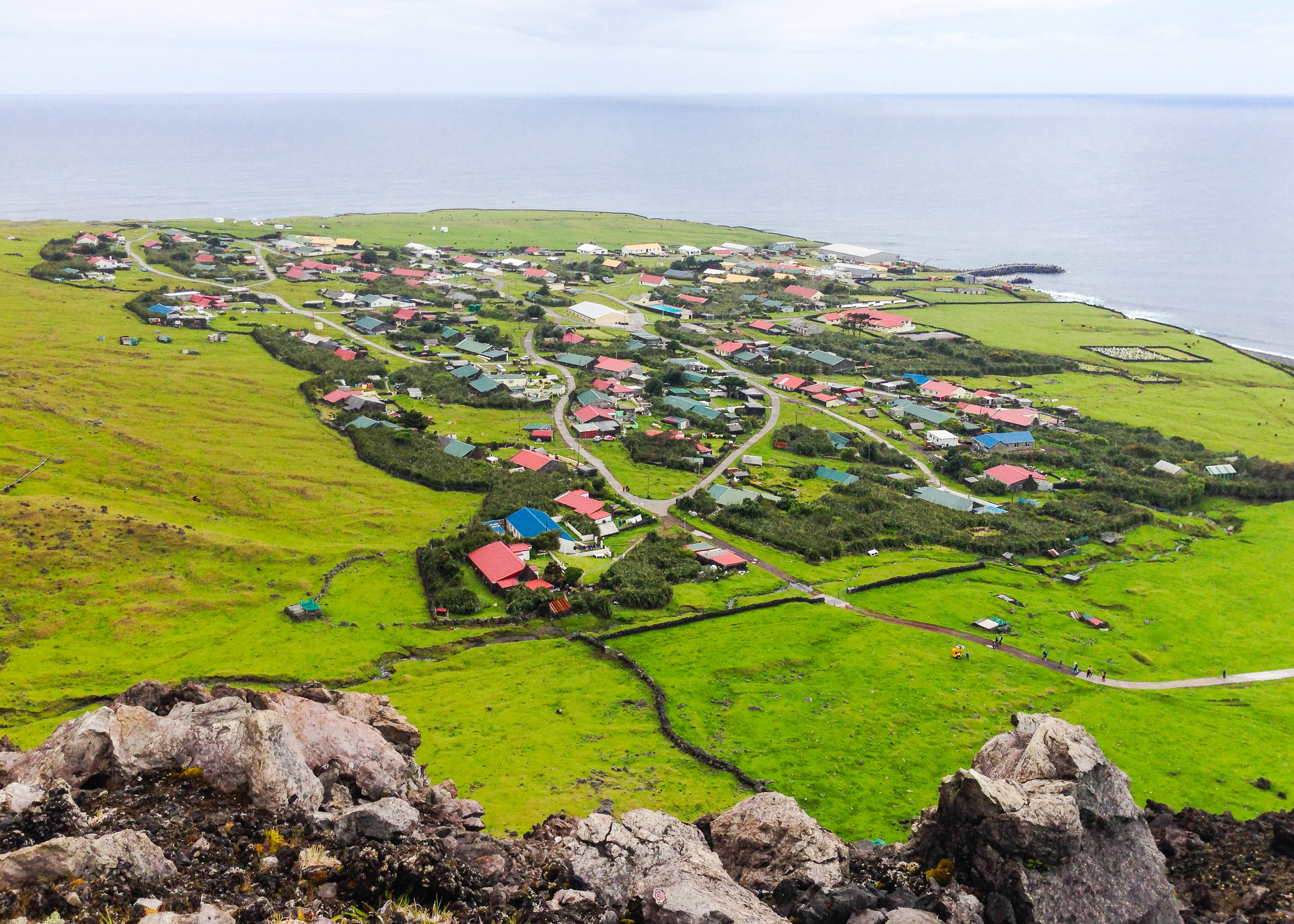 houses with red roofs in a green grass field overlooking the ocean