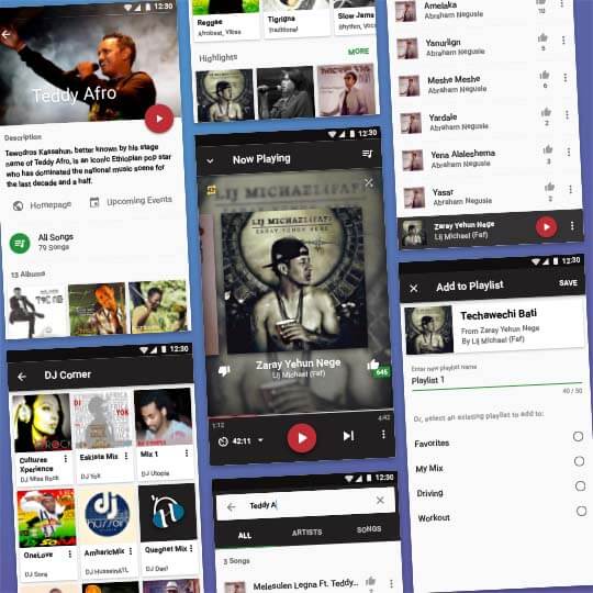 Screenshots of a music player app
