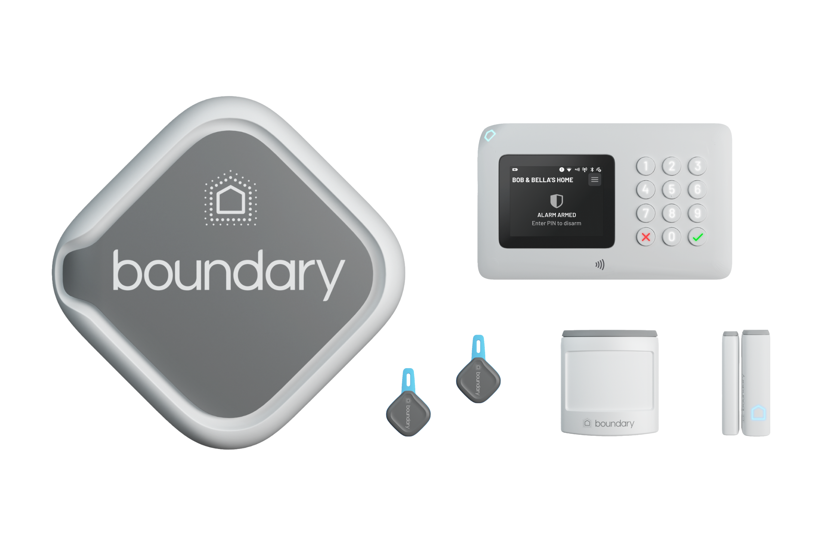 An image of the Boundary Smart Alarm System Hardware - Left to right, Outdoor Siren, Central Hub, Keyfobs, Motion Sensor, Contact Sensor.