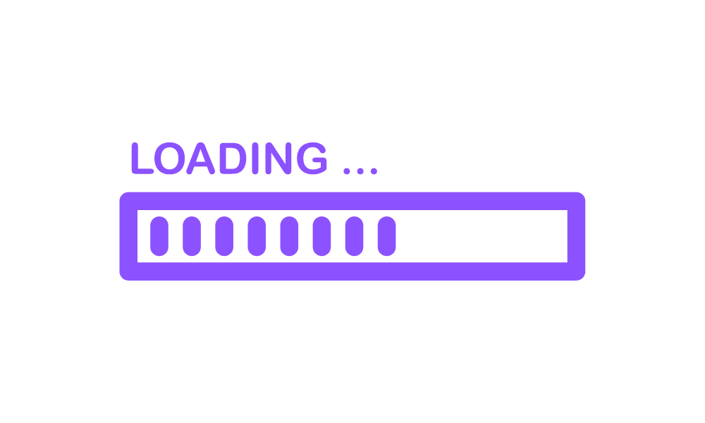 A partially filled purple loading icon with vertical bars representing remaining time, filling half of the loading bar, accompanied by the text Loading… writer above the loading bar.