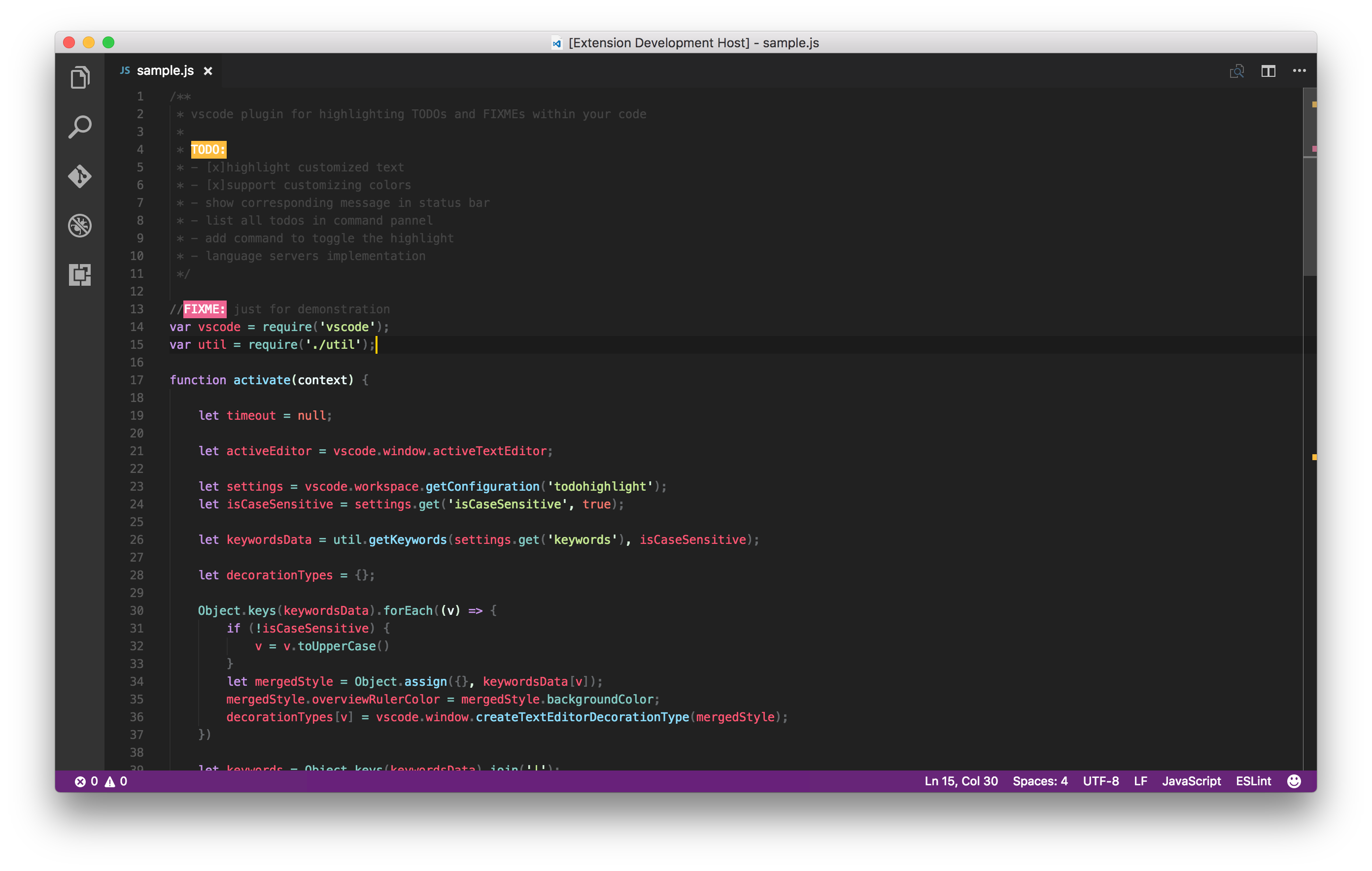 Showing how the VS Code extension highlights to do and fixmes in the editor