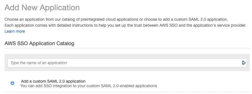 Choose an application from the AWS SSO application catalog