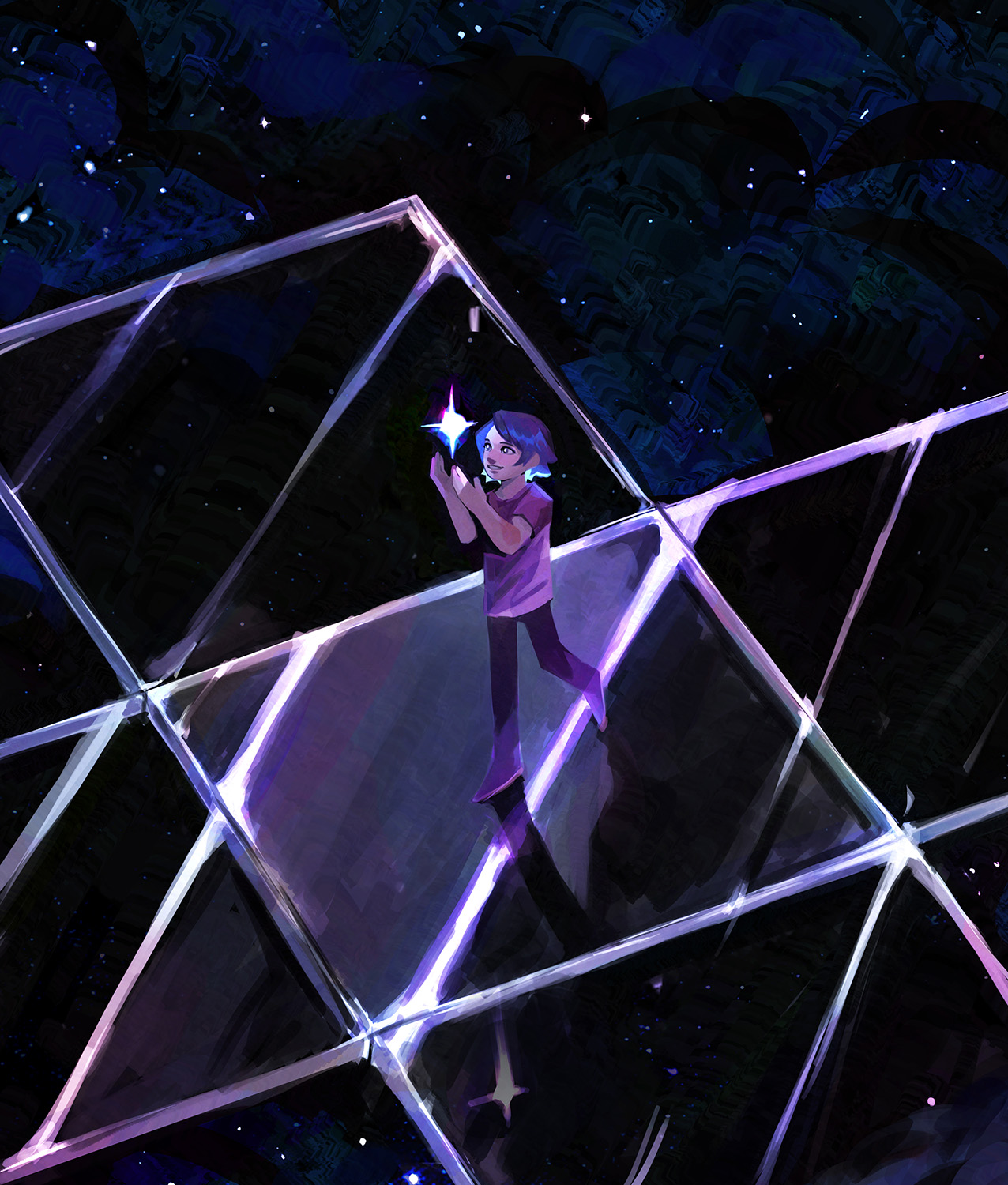 A girl standing on an open glass box holding a star.
