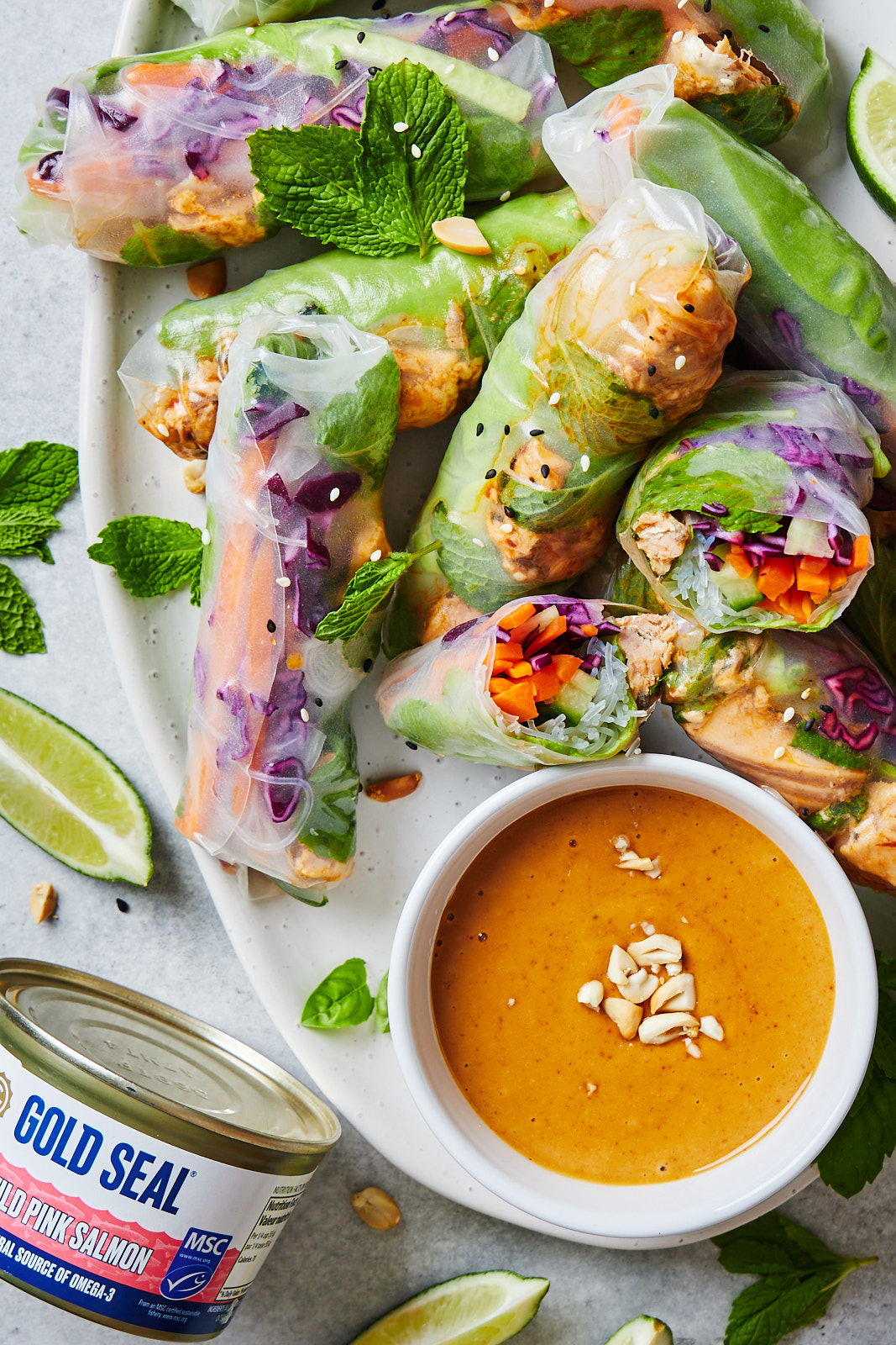 Fresh Spring Rolls With Salmon and Peanut Sauce with Gold Seal