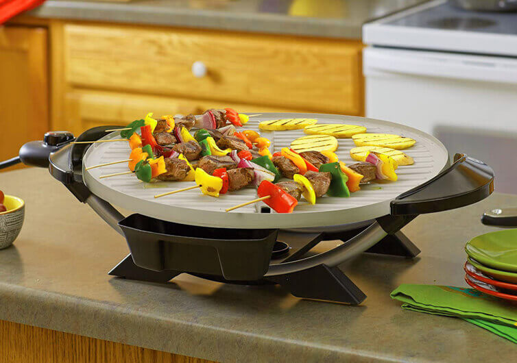 George Foreman Indoor|Outdoor 15+ Serving Domed Electric Grill With Ceramic Plates & Temperature Gauge - Gun Metal Open
