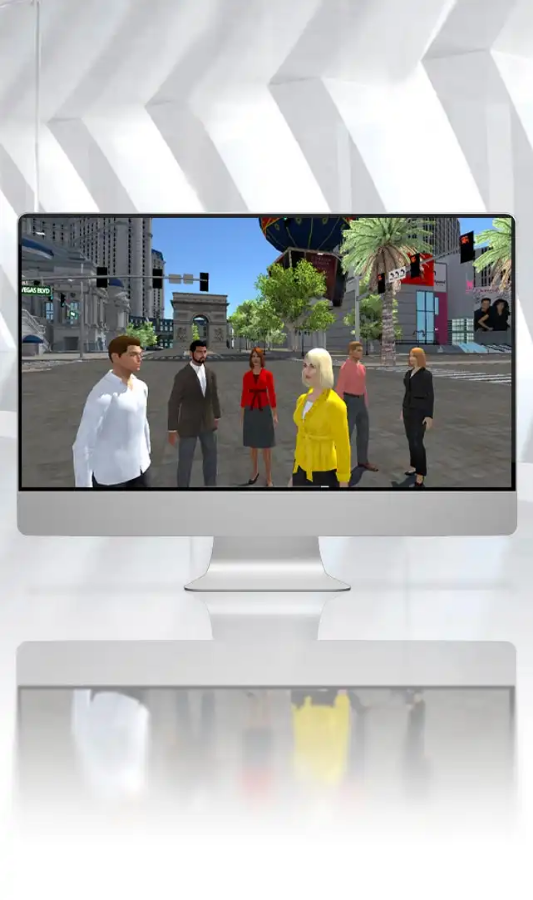 A group of students learning in FluentWorlds Academy as virtual avatars