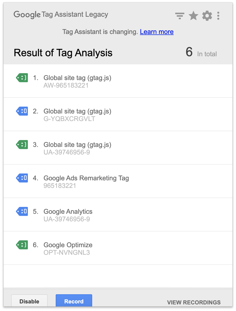 Google Tag Assistant multiple global site tag  warning