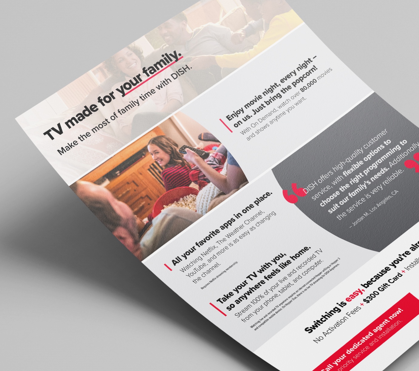 Letter page with headline 'TV made for your family' with offer details and family watching TV.