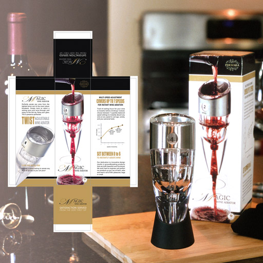 Packaging for a multi-setting wine aerator features primarily gold, black, and white colors. Package shown as a print template and final product.